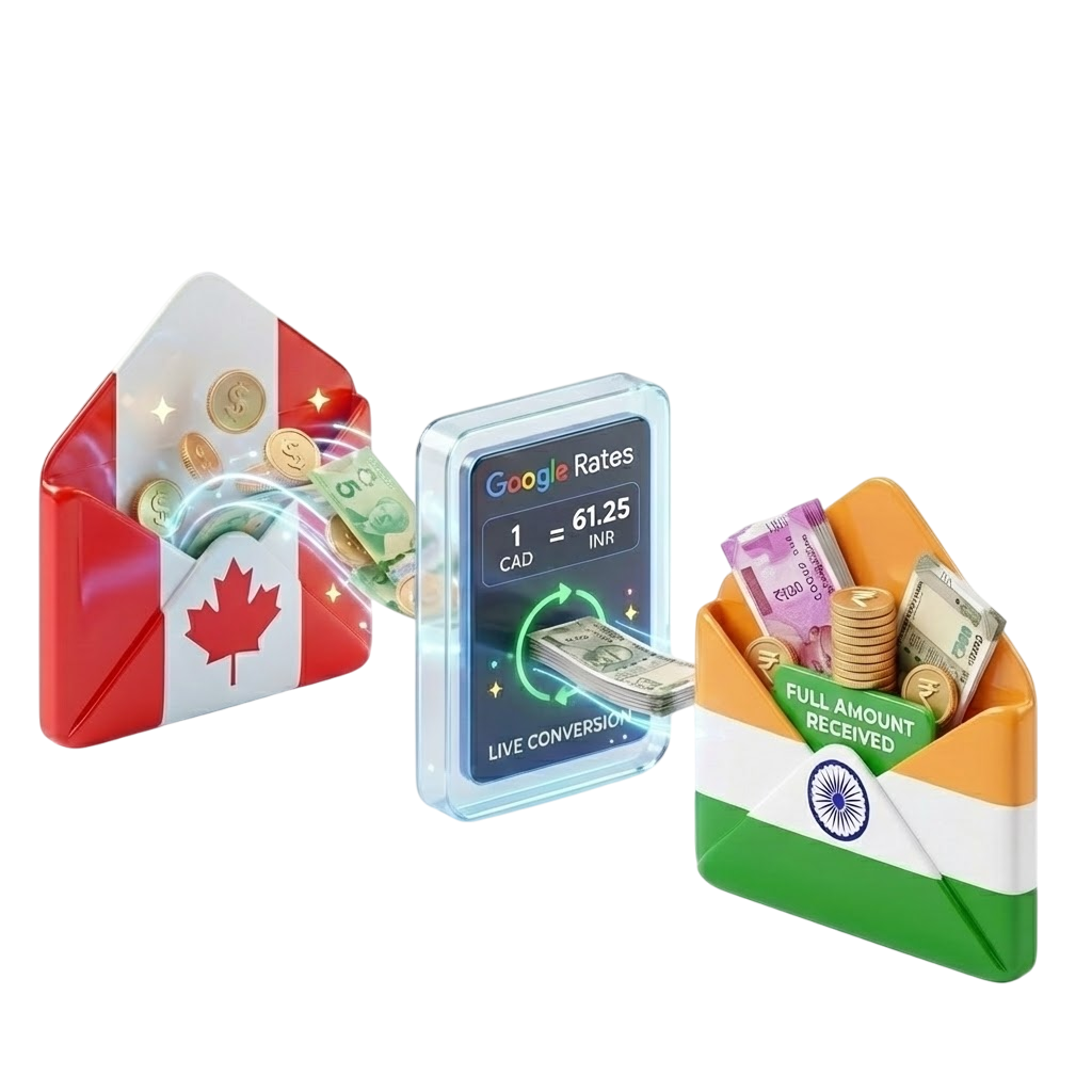 Zero Fees Google Rates - CAD to INR Live Conversion with Full Amount Received